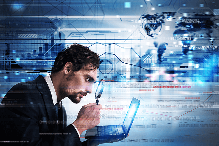 Man with a magnifying glass looking at a laptop screen with a background containing cyber related graphics