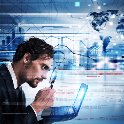Image of a man with a magnifying glass looking at a laptop screen